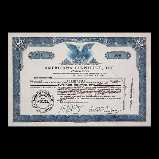 Americana Furniture, Inc. Stock Certificate from 1959