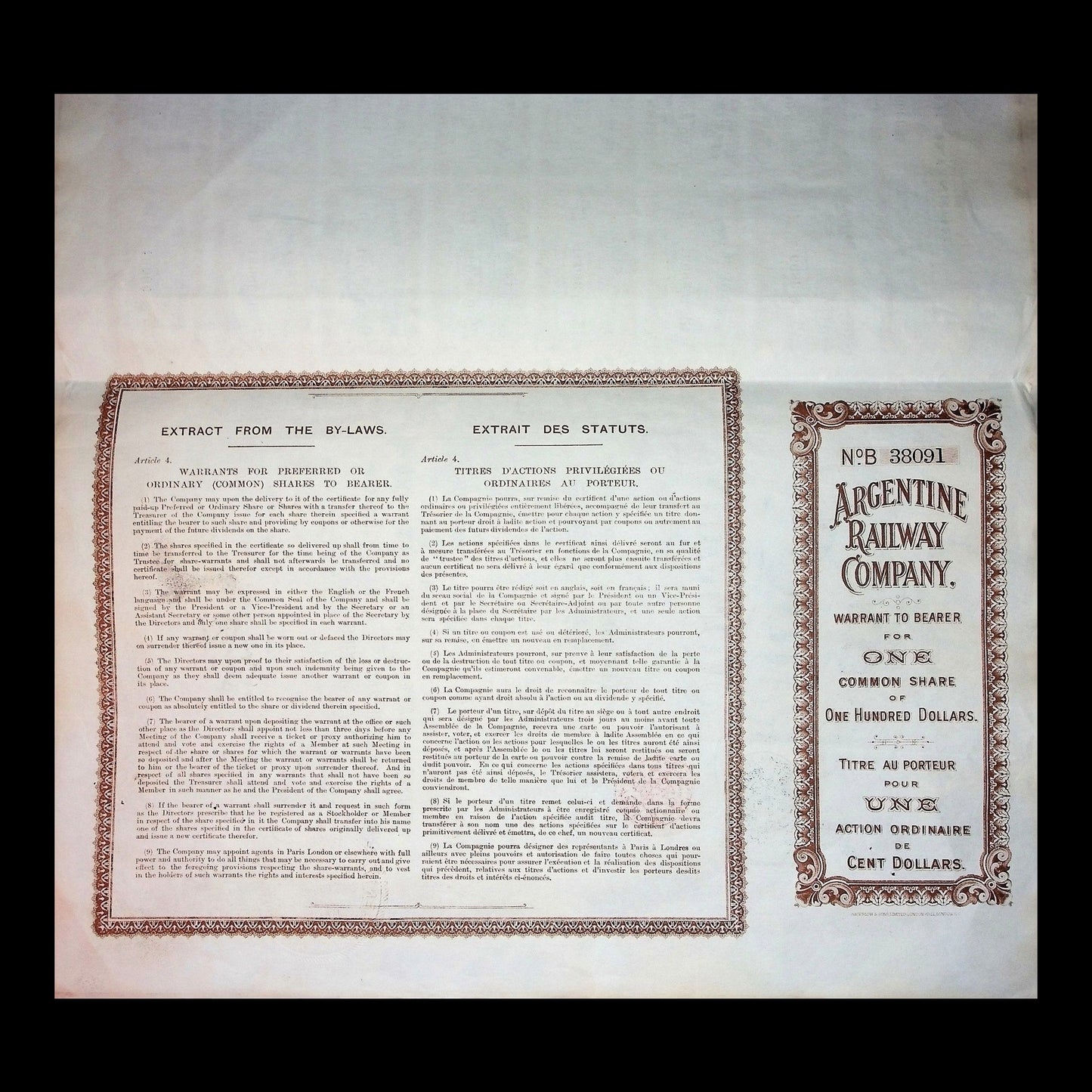Argentine Railway Company Stock Certificate