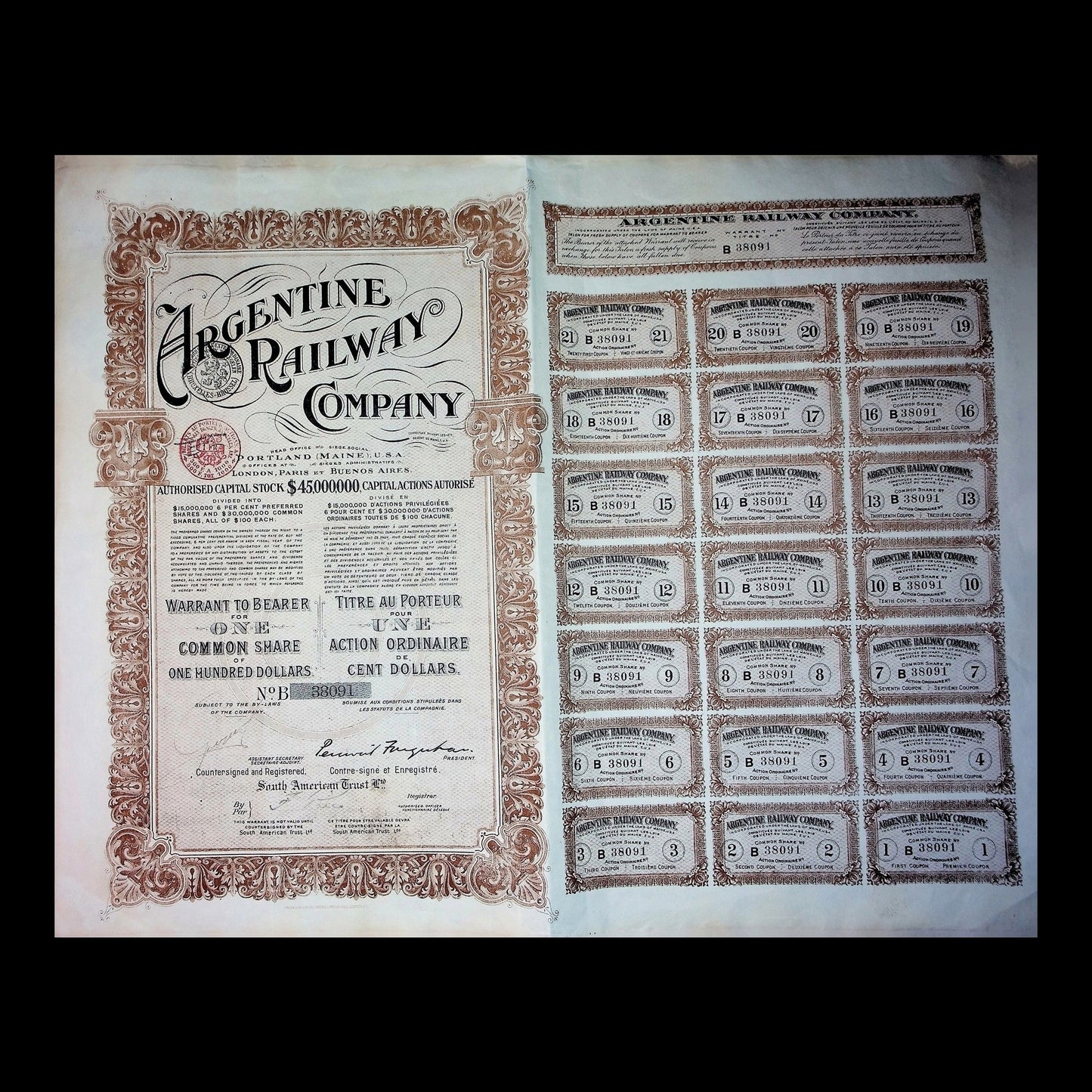 Argentine Railway Company Stock Certificate