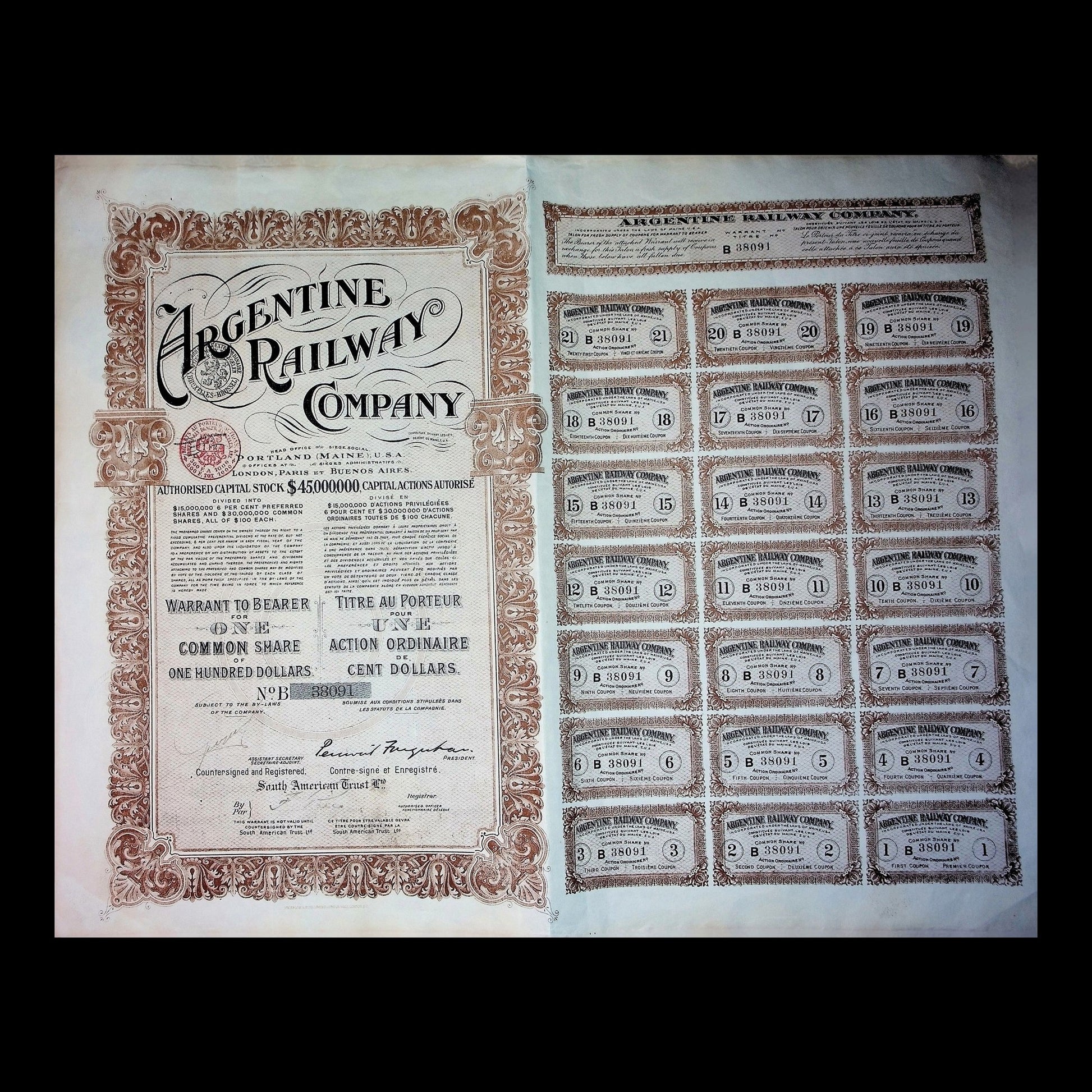 Argentine Railway Company Stock Certificate