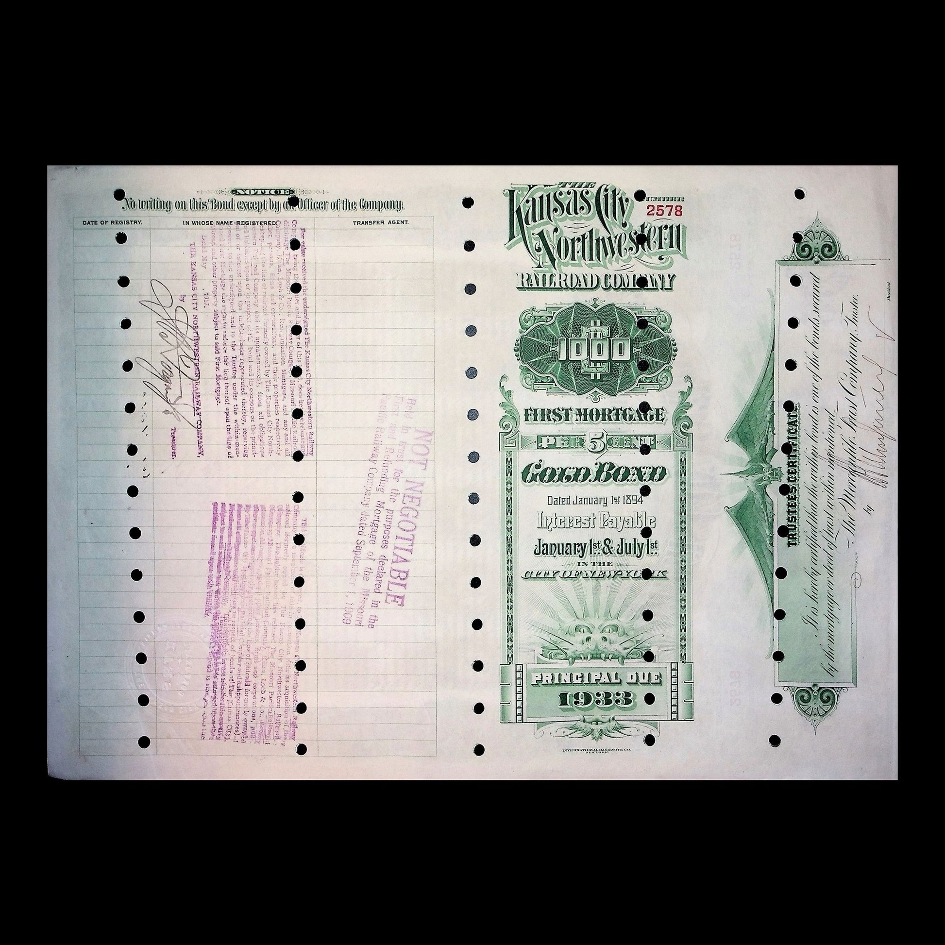 Arkansas City Northwestern Railroad Company Bond from 1894