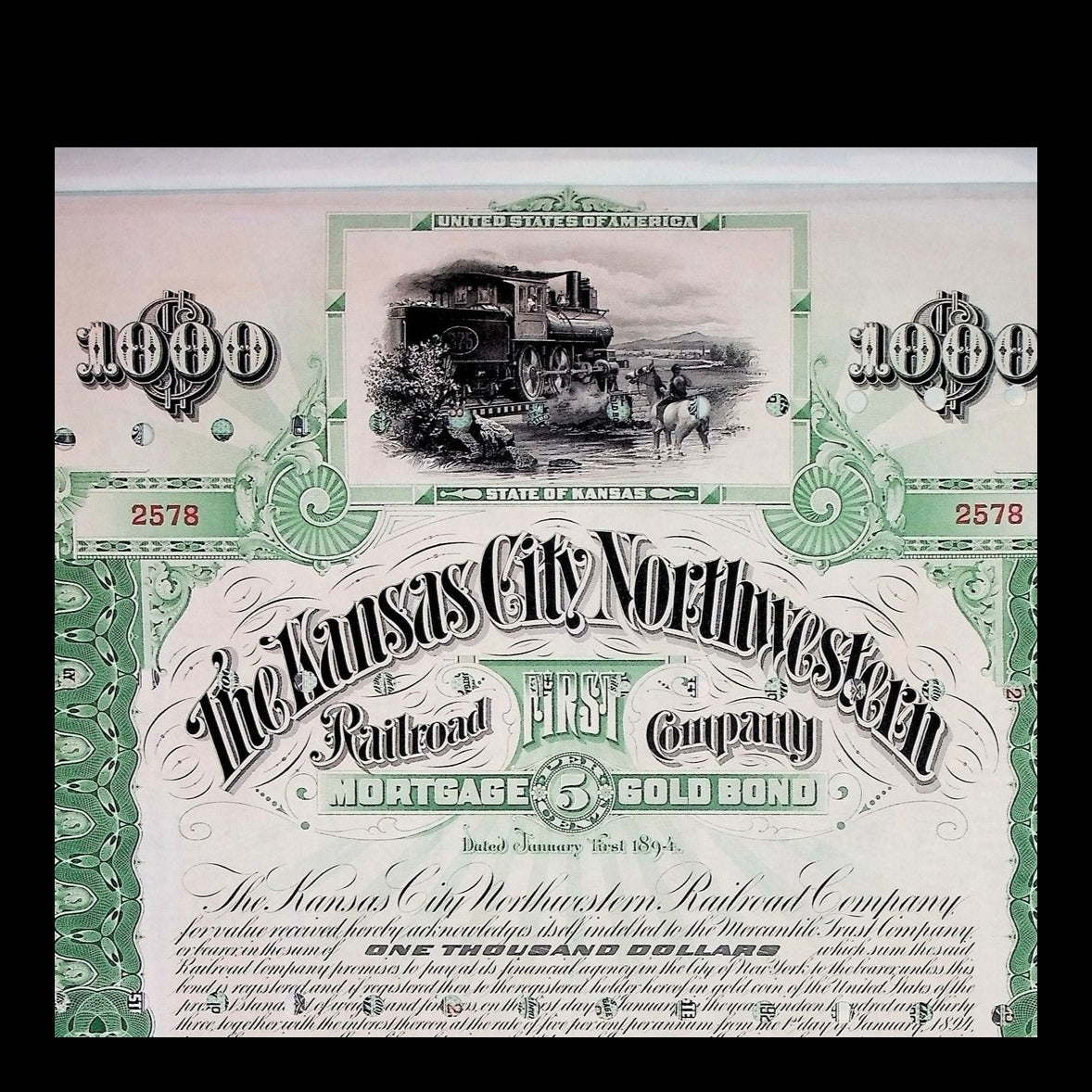 Arkansas City Northwestern Railroad Company Bond from 1894