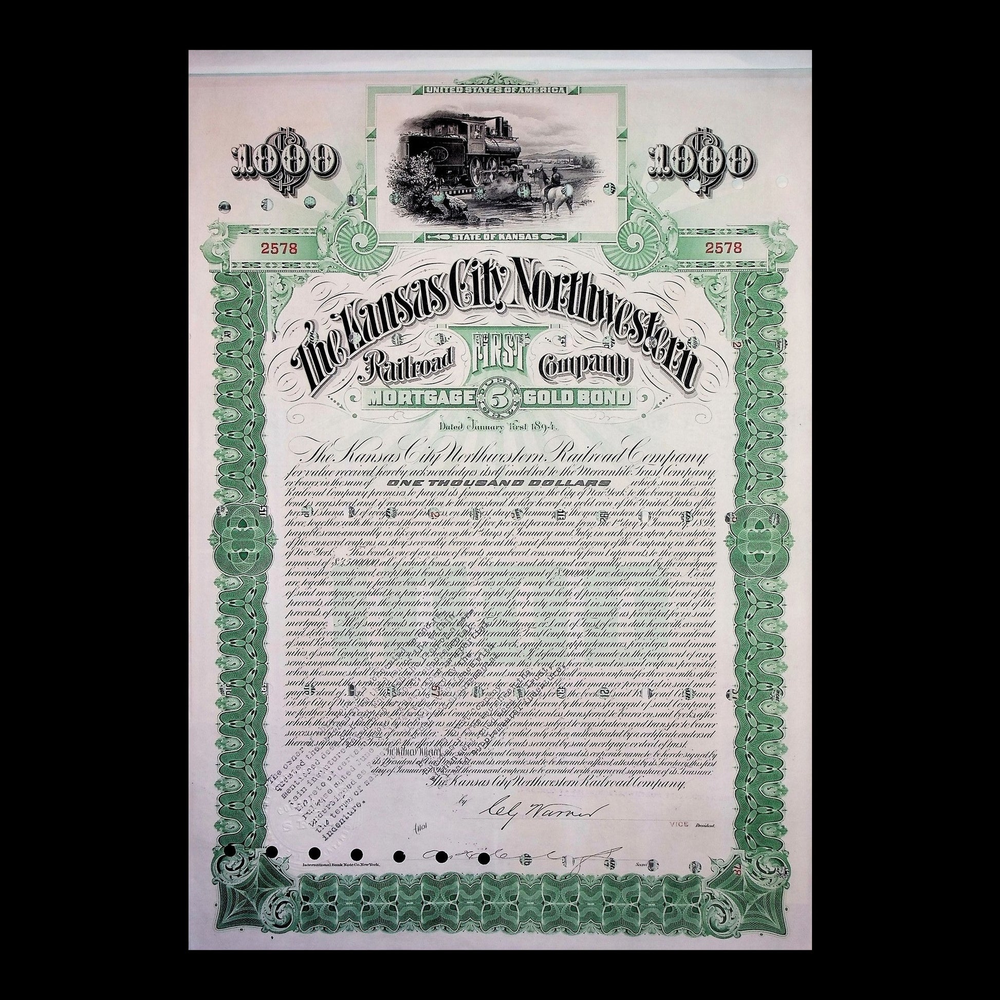 Arkansas City Northwestern Railroad Company Bond from 1894