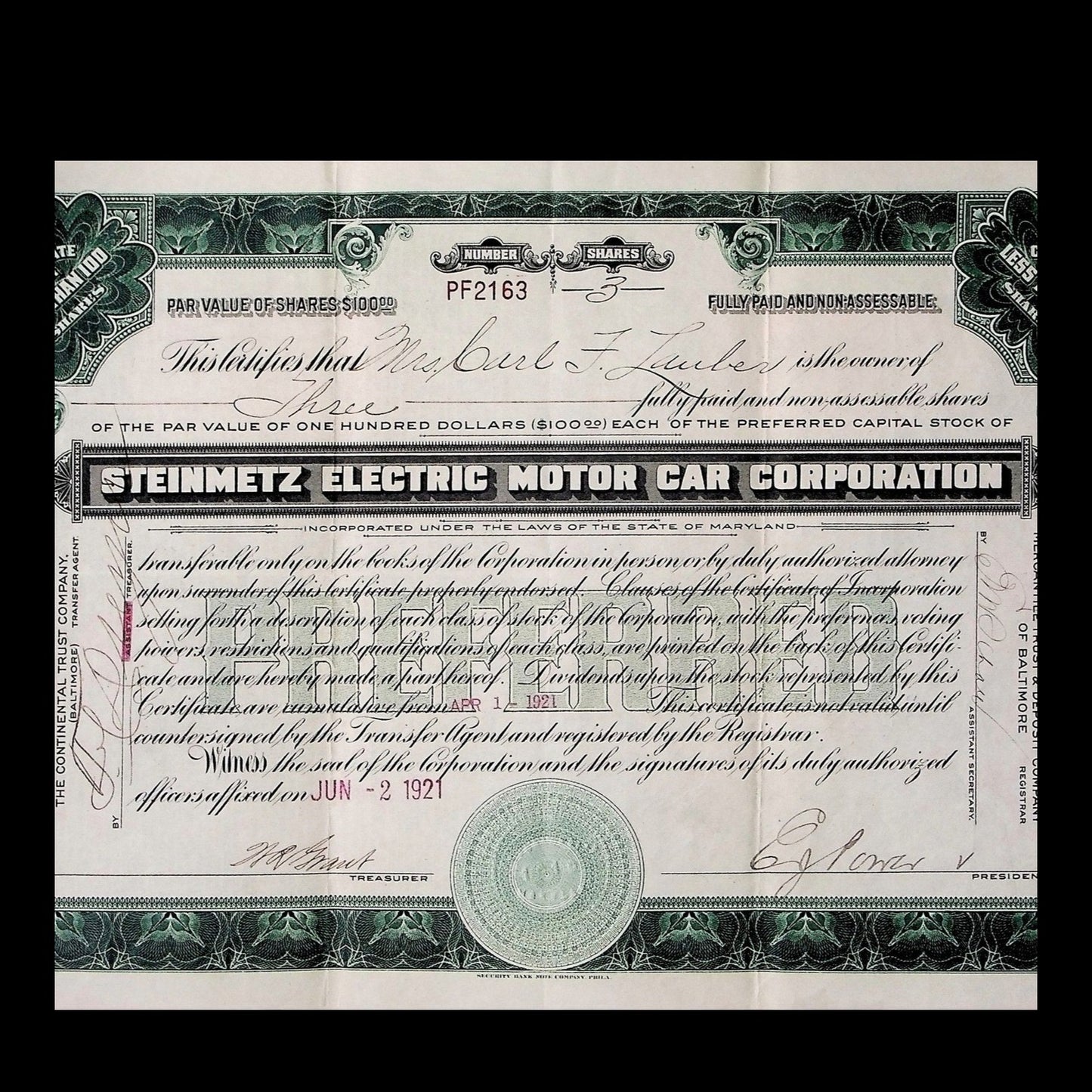 Steinmetz Electric Motor Car Corporation Stock Certificate from 1921