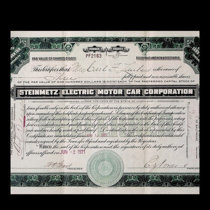 Steinmetz Electric Motor Car Corporation Stock Certificate from 1921
