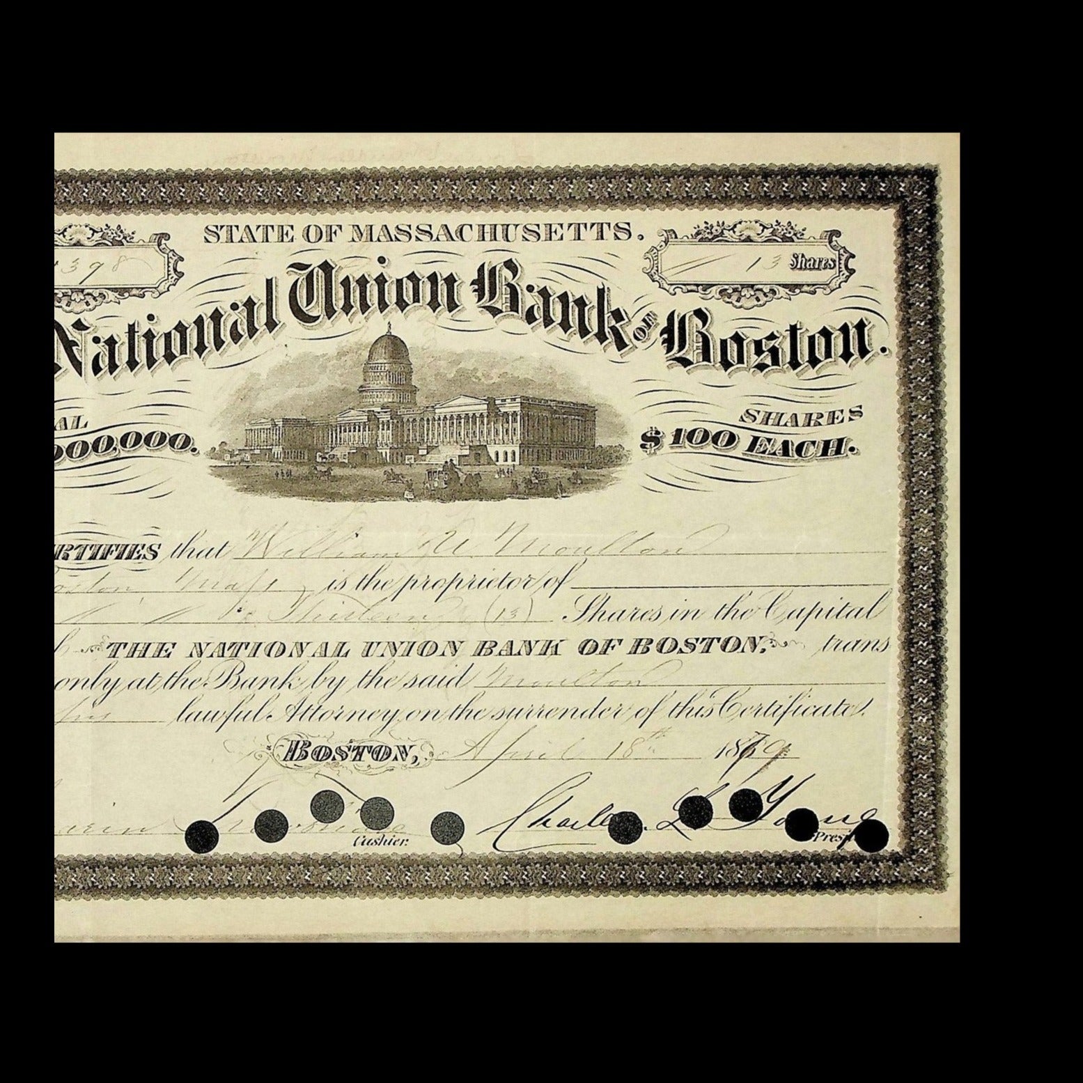 The National Union Bank of Boston Stock Certificate from 1879