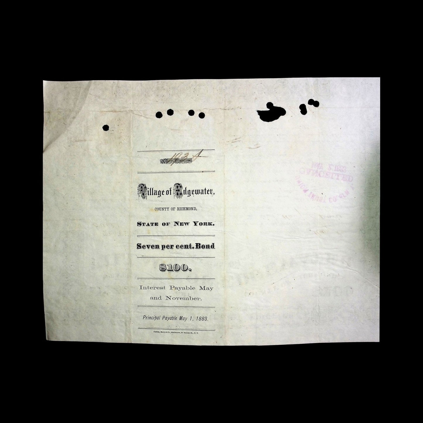 Village of Edgewater (Staten Island, NY) Municipal Bond from 1875