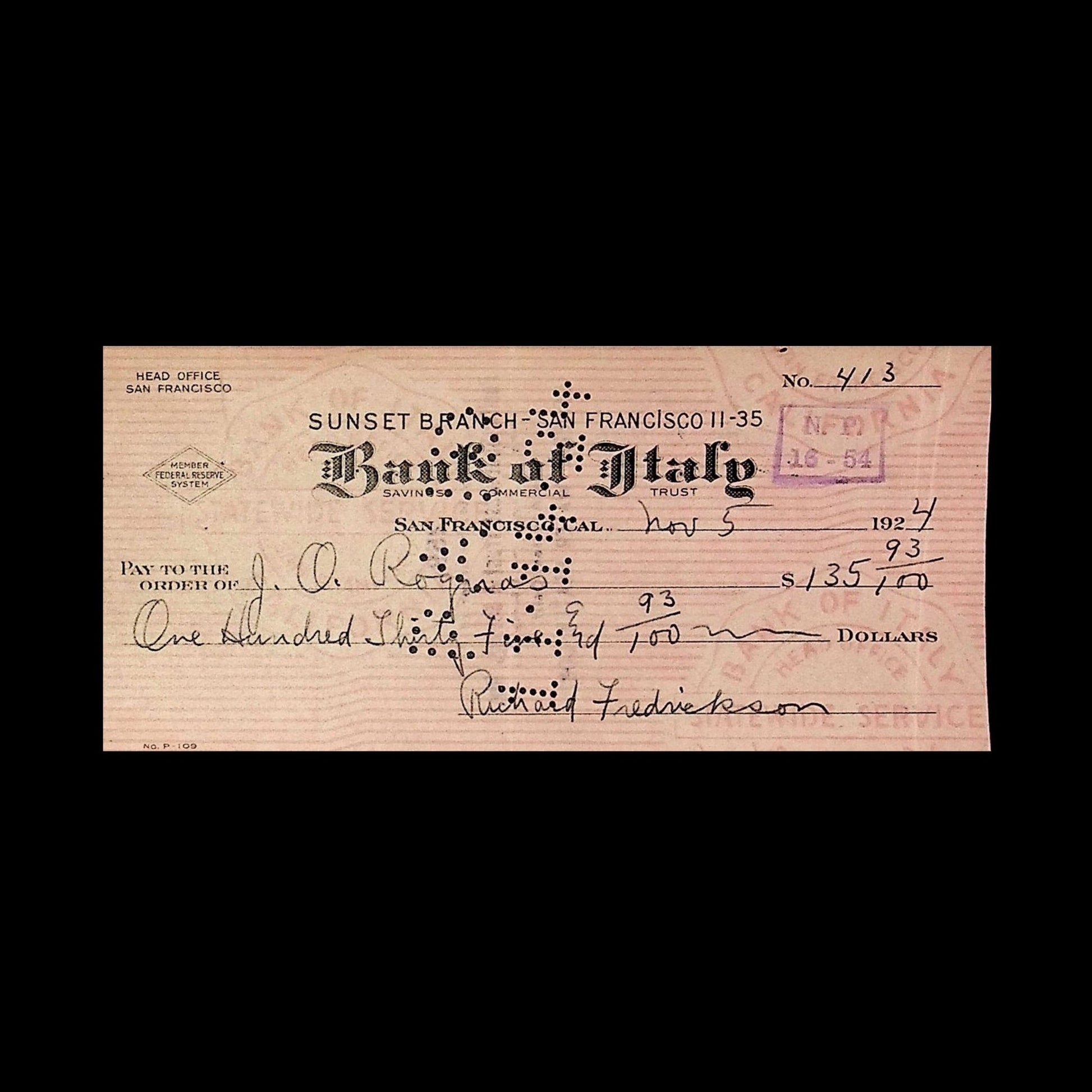 Bank of Italy Check from 1924
