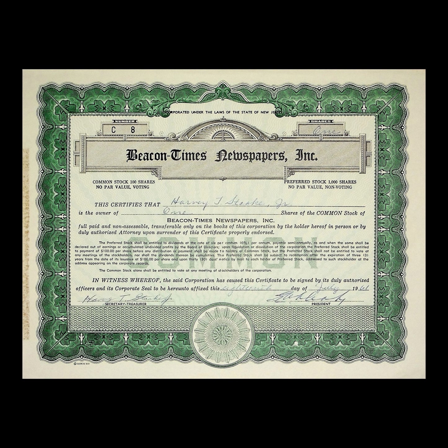 Beacon-Times Newspapers Inc Stock Certificate from 1941