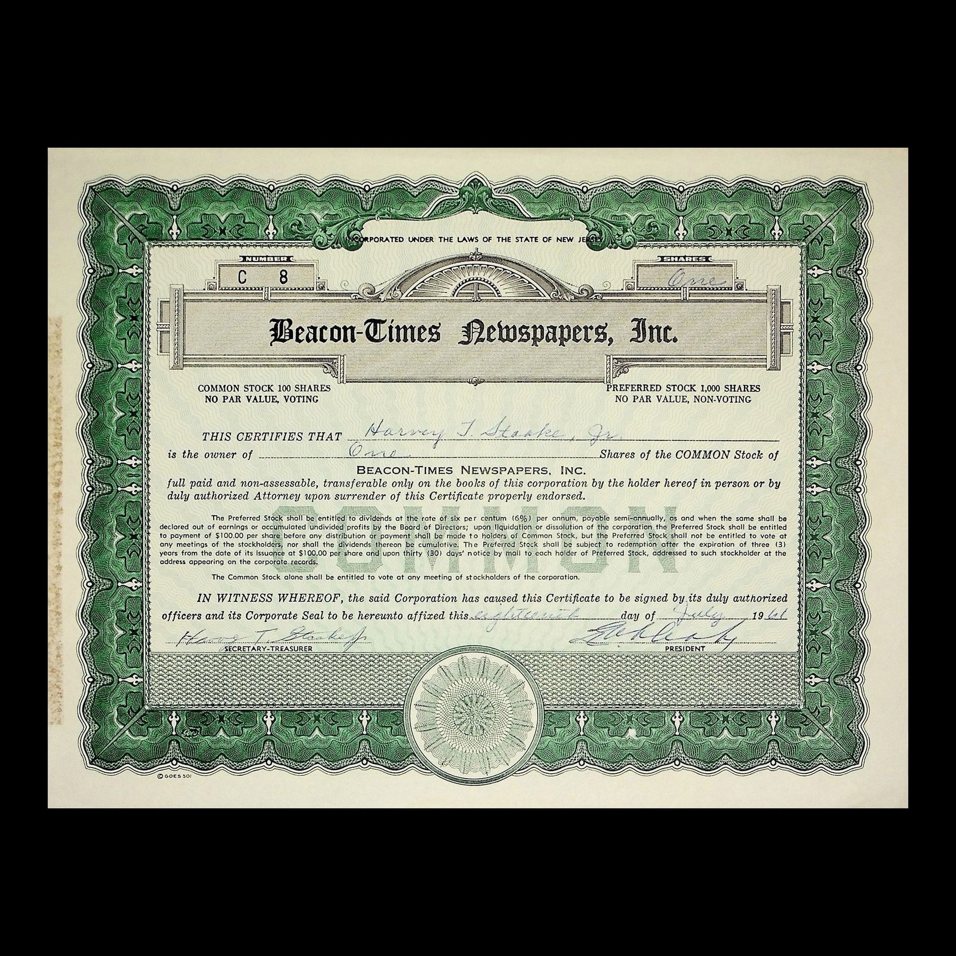 Beacon-Times Newspapers Inc Stock Certificate from 1941