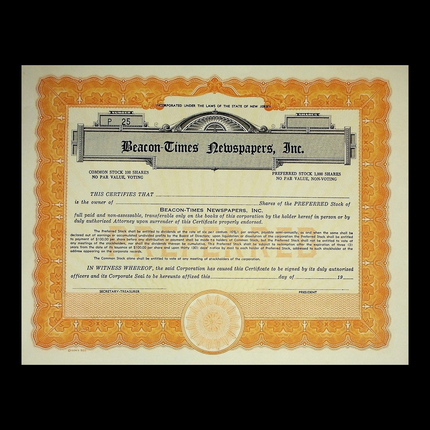 Beacon-Times Newspapers Inc Stock Certificate from 1941