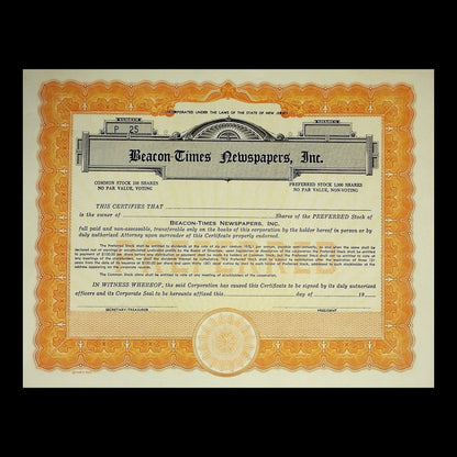 Beacon-Times Newspapers Inc Stock Certificate from 1941