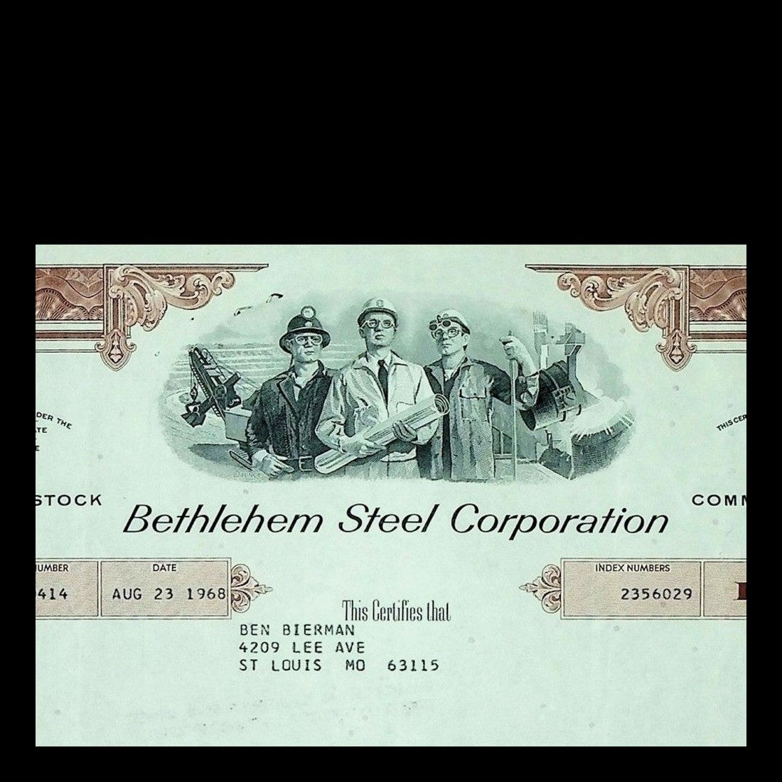 Bethlehem Steel Corporation Stock Certificate from 1968