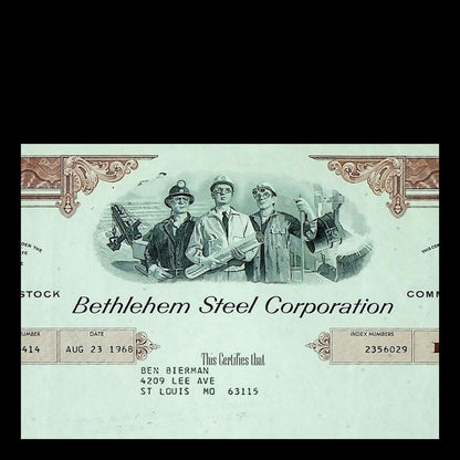 Bethlehem Steel Corporation Stock Certificate from 1968