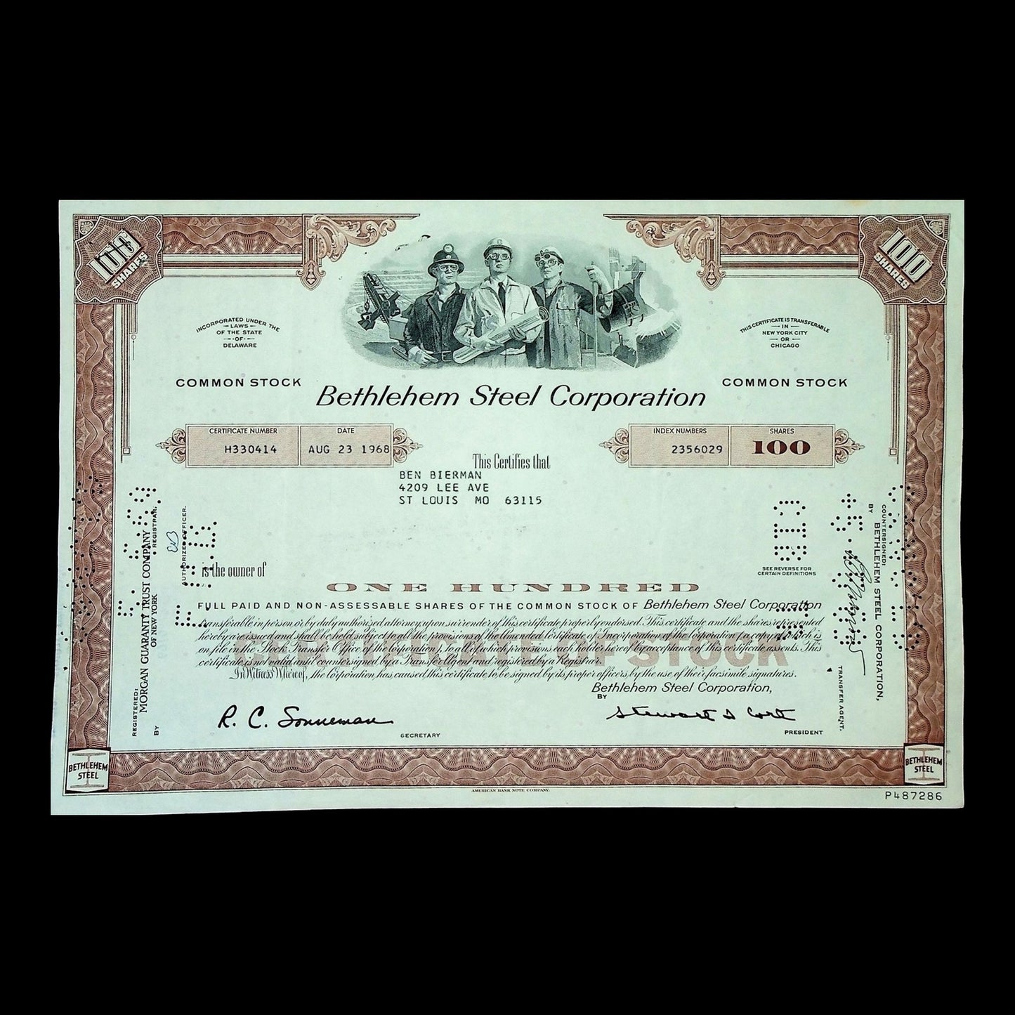 Bethlehem Steel Corporation Stock Certificate from 1968