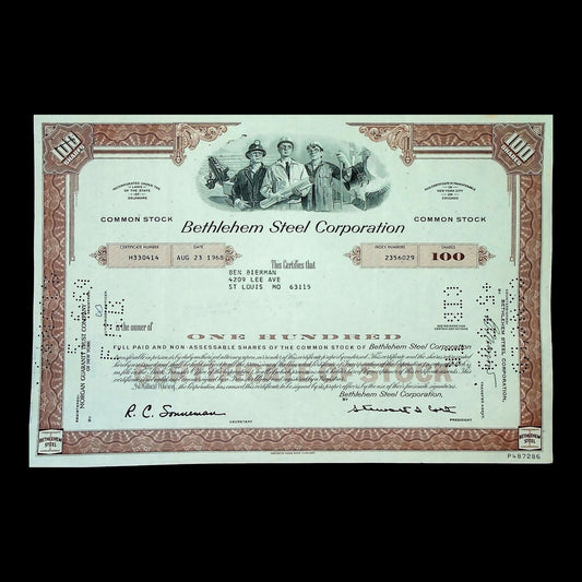 Bethlehem Steel Corporation Stock Certificate from 1968