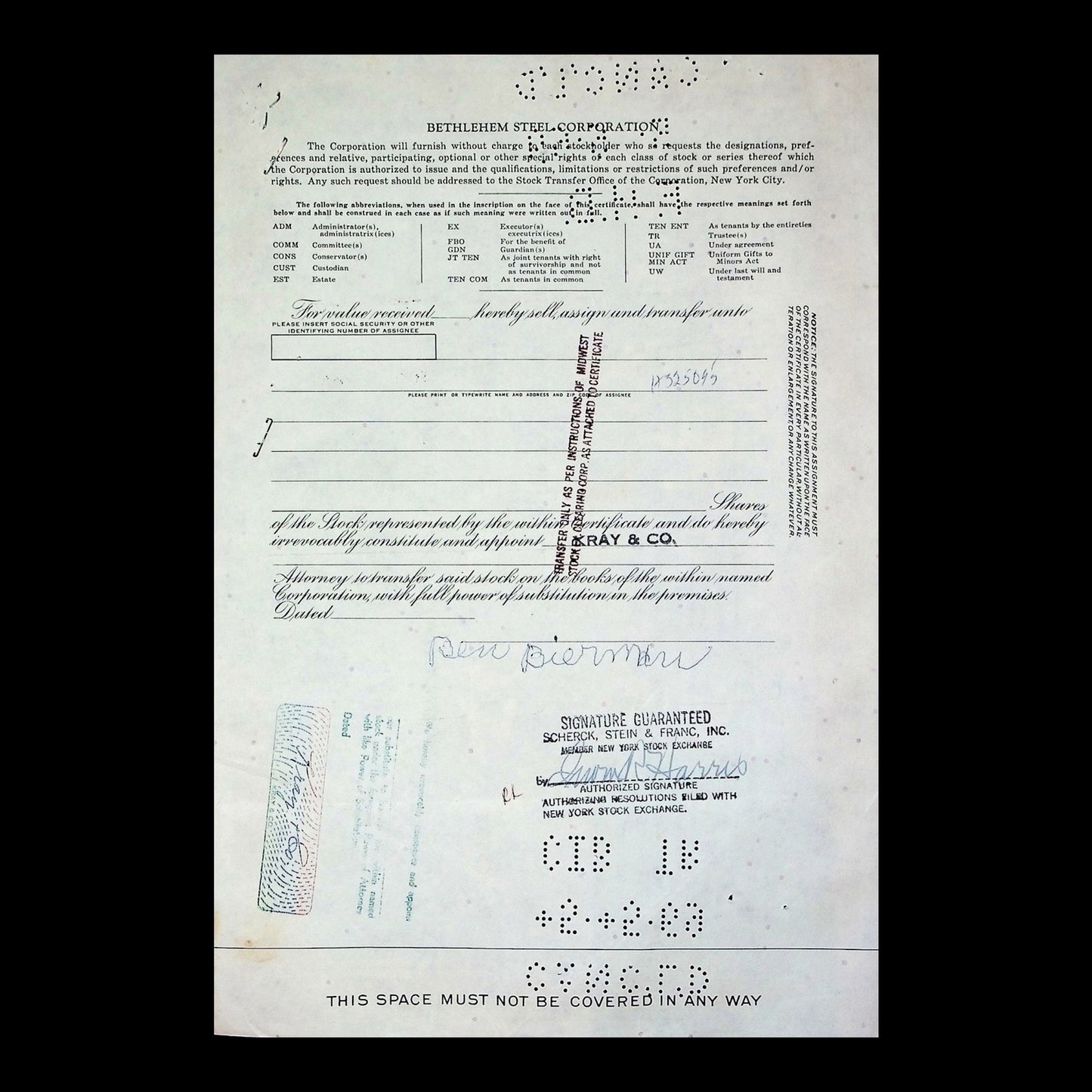 Bethlehem Steel Corporation Stock Certificate from 1968