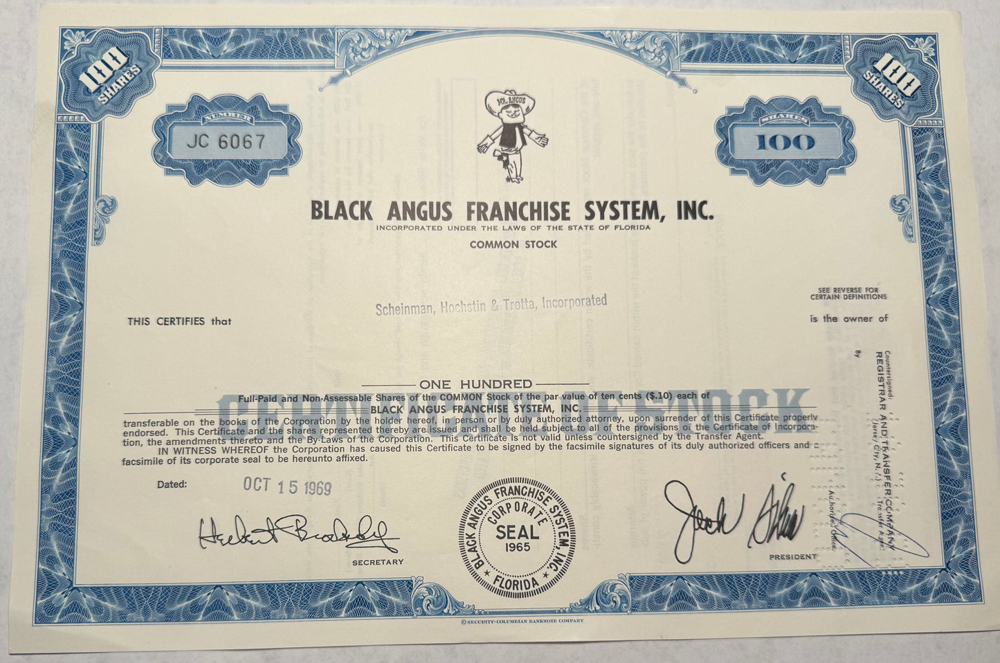 Black Angus Franchise Systems Stock Certificate