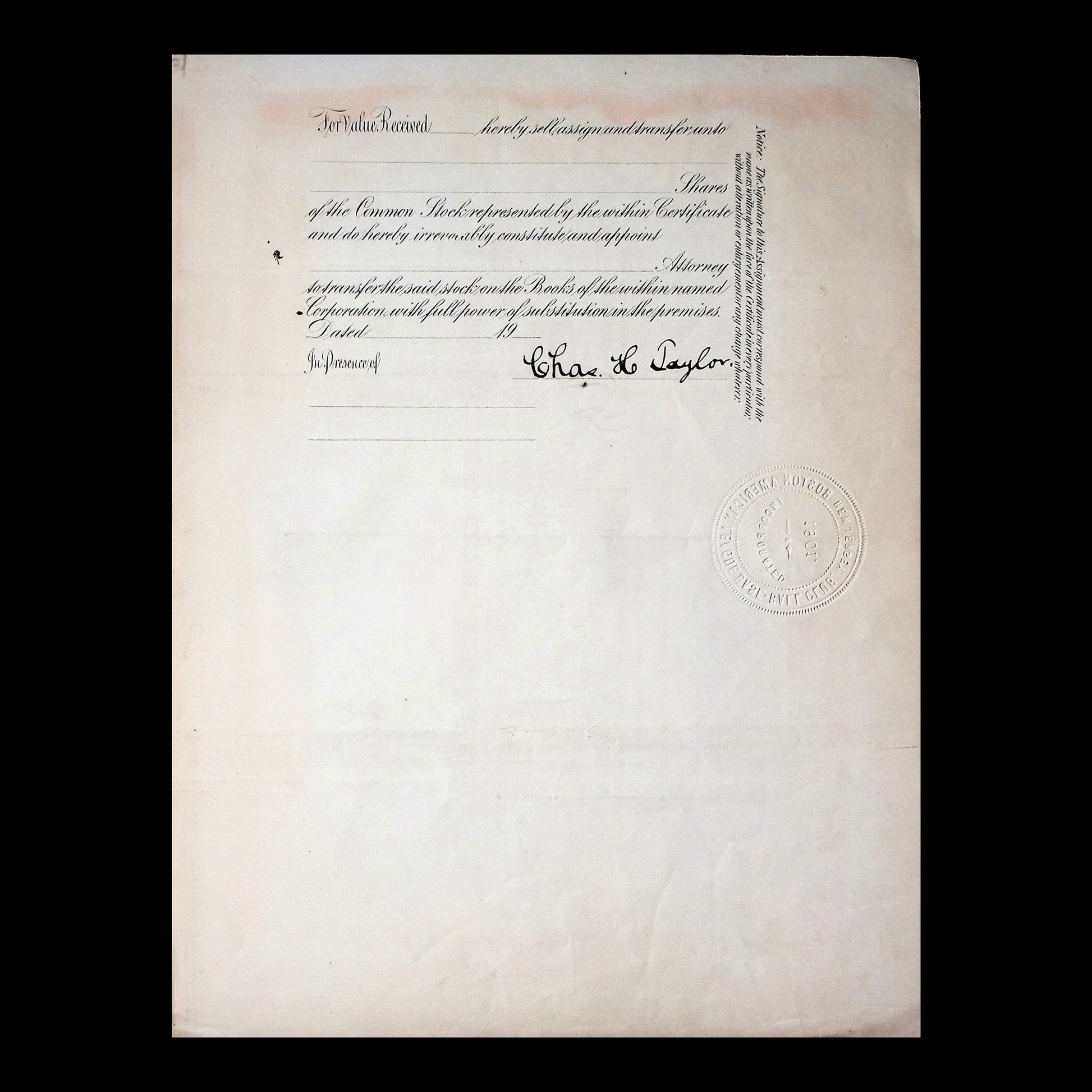 Boston American League Base-Ball Club Stock Certificate from 1913