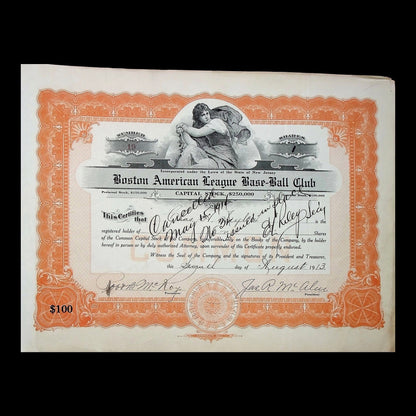 Boston American League Base-Ball Club Stock Certificate from 1913