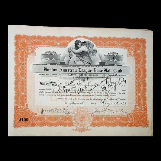 Boston American League Base-Ball Club Stock Certificate from 1913