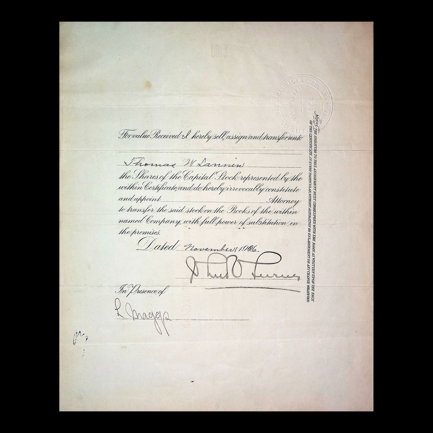 Boston American League Base-Ball Club Stock Certificate