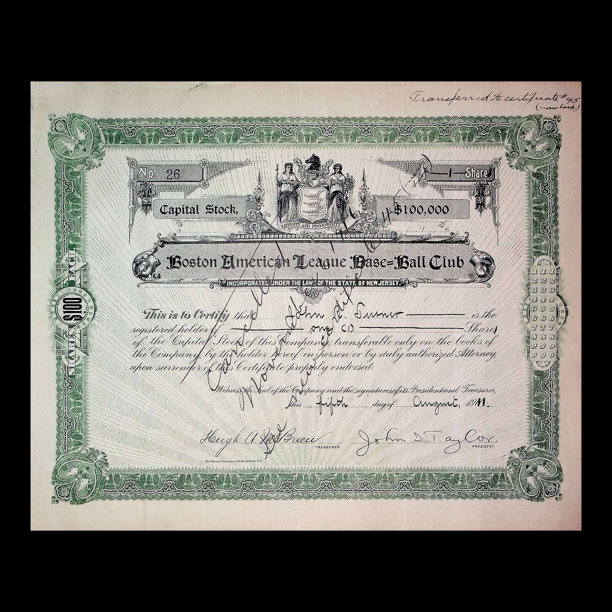 Boston American League Base-Ball Club Stock Certificate