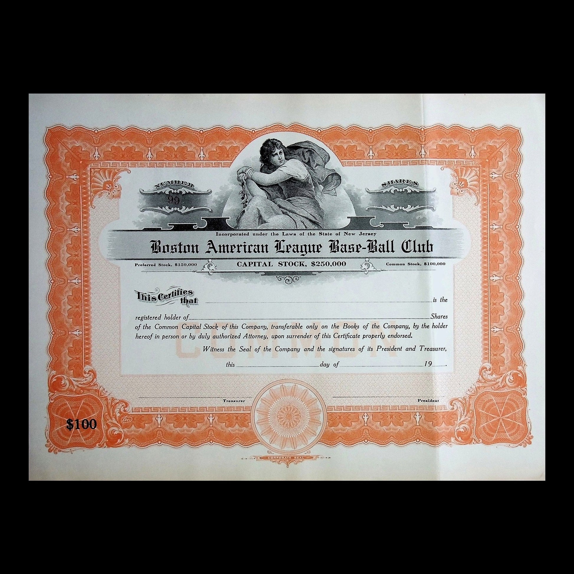 Boston American League Base-Ball Club Stock Certificate
