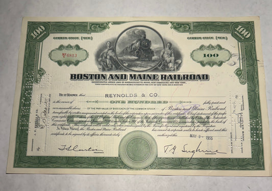 Boston and Maine Railroad Green Stock Certificate 