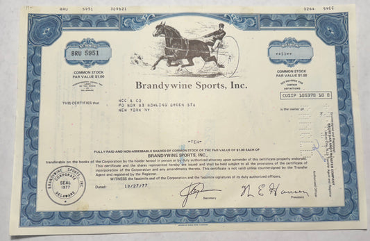 This blue stock certificate from Brandywine Sports, Inc., issued in 1977, features a vignette of a man racing a horse, and includes cancellation holes and handwritten annotations.