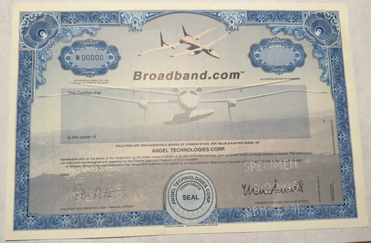 Broadband.com (Angel Technologies) Specimen Stock Certificate