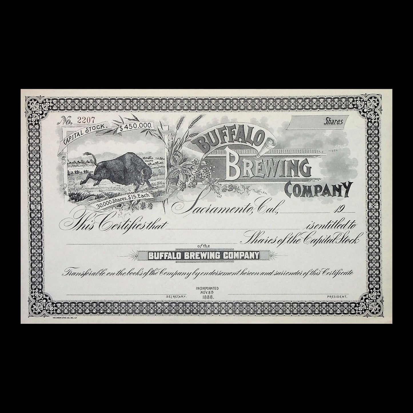 Buffalo Brewing Company Stock Certificate from 1886