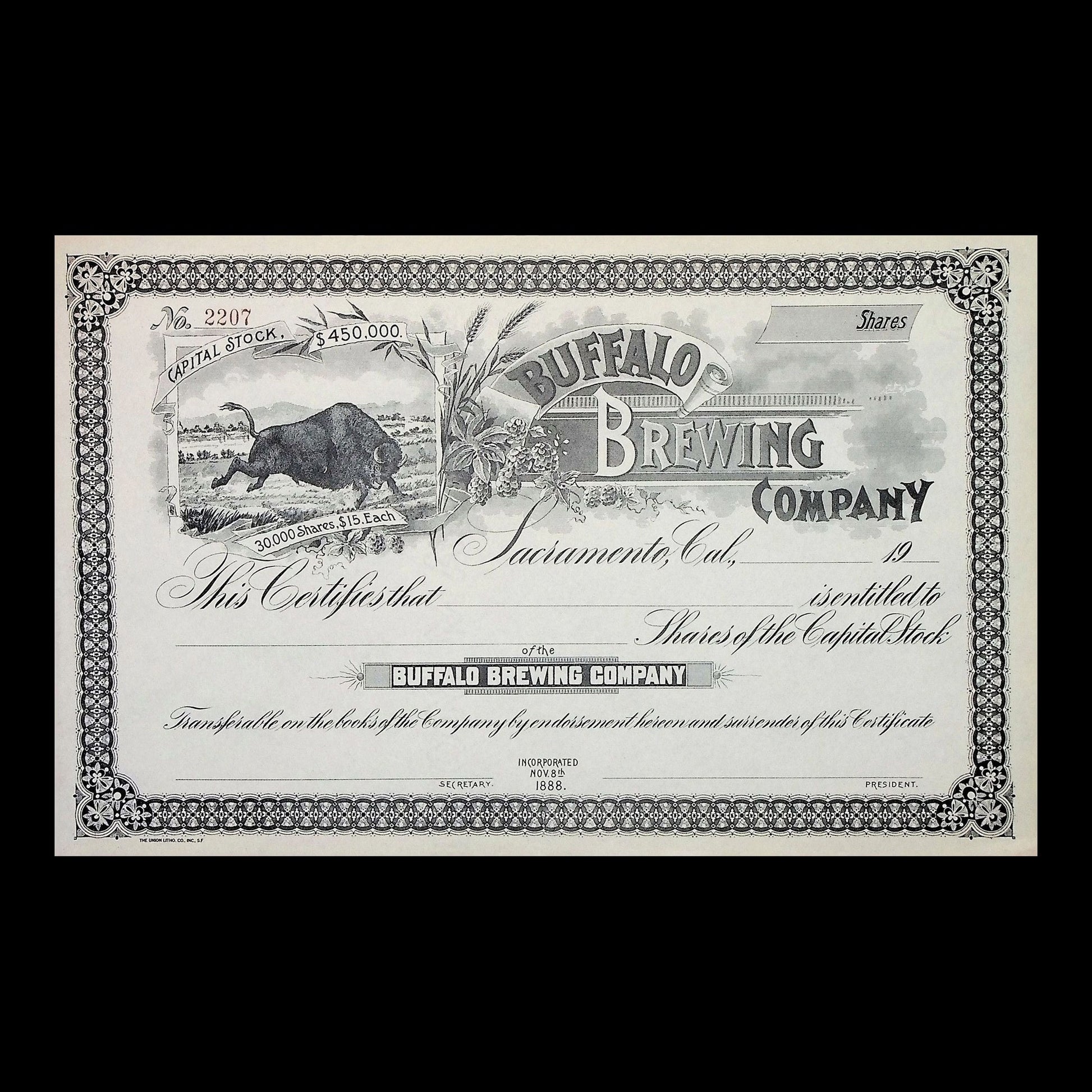 Buffalo Brewing Company Stock Certificate from 1886