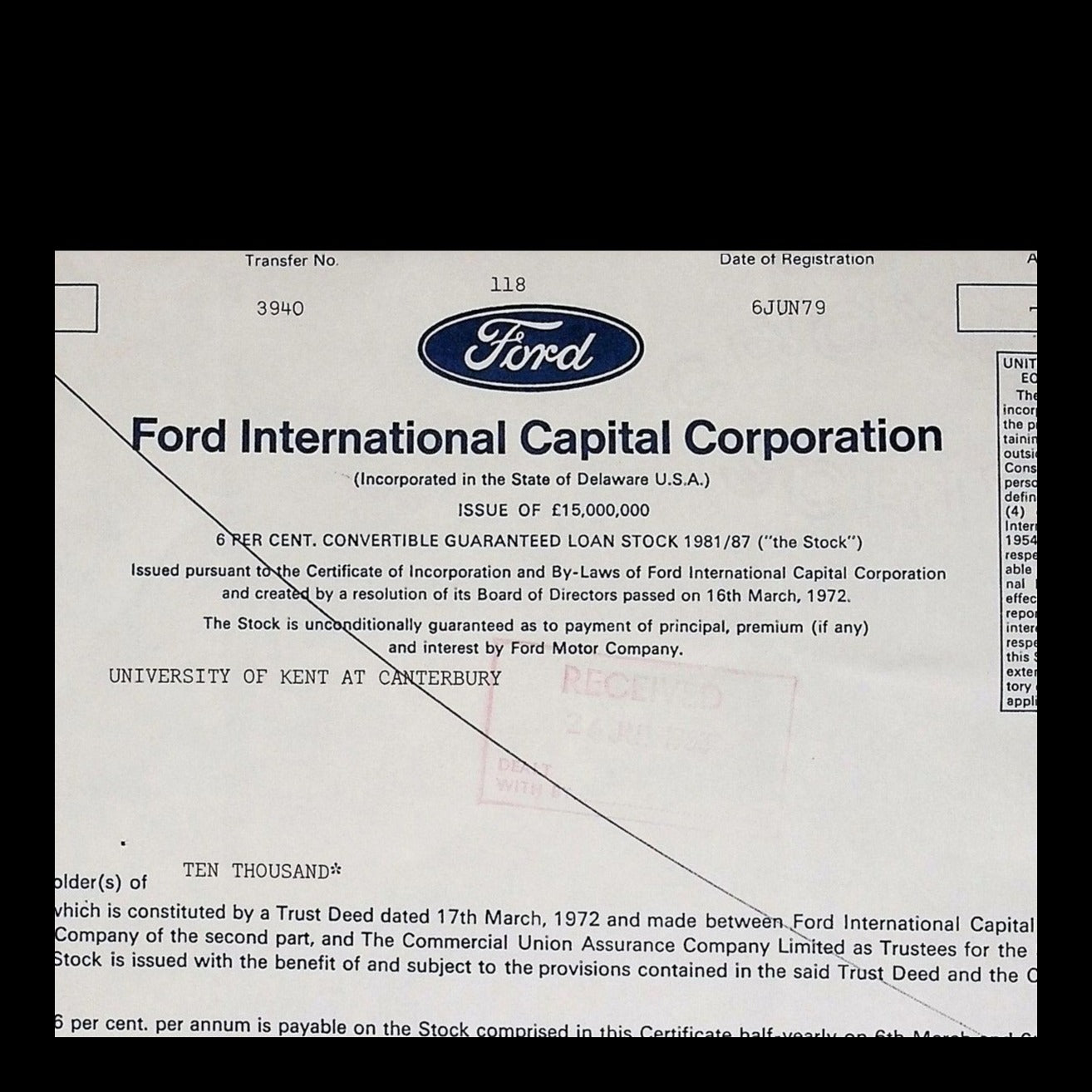 Ford International Capital Corporation Stock Certificate from 1979