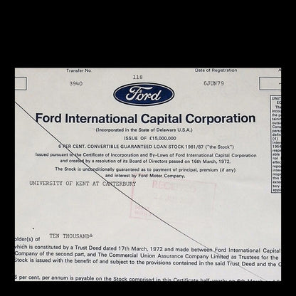Ford International Capital Corporation Stock Certificate from 1979