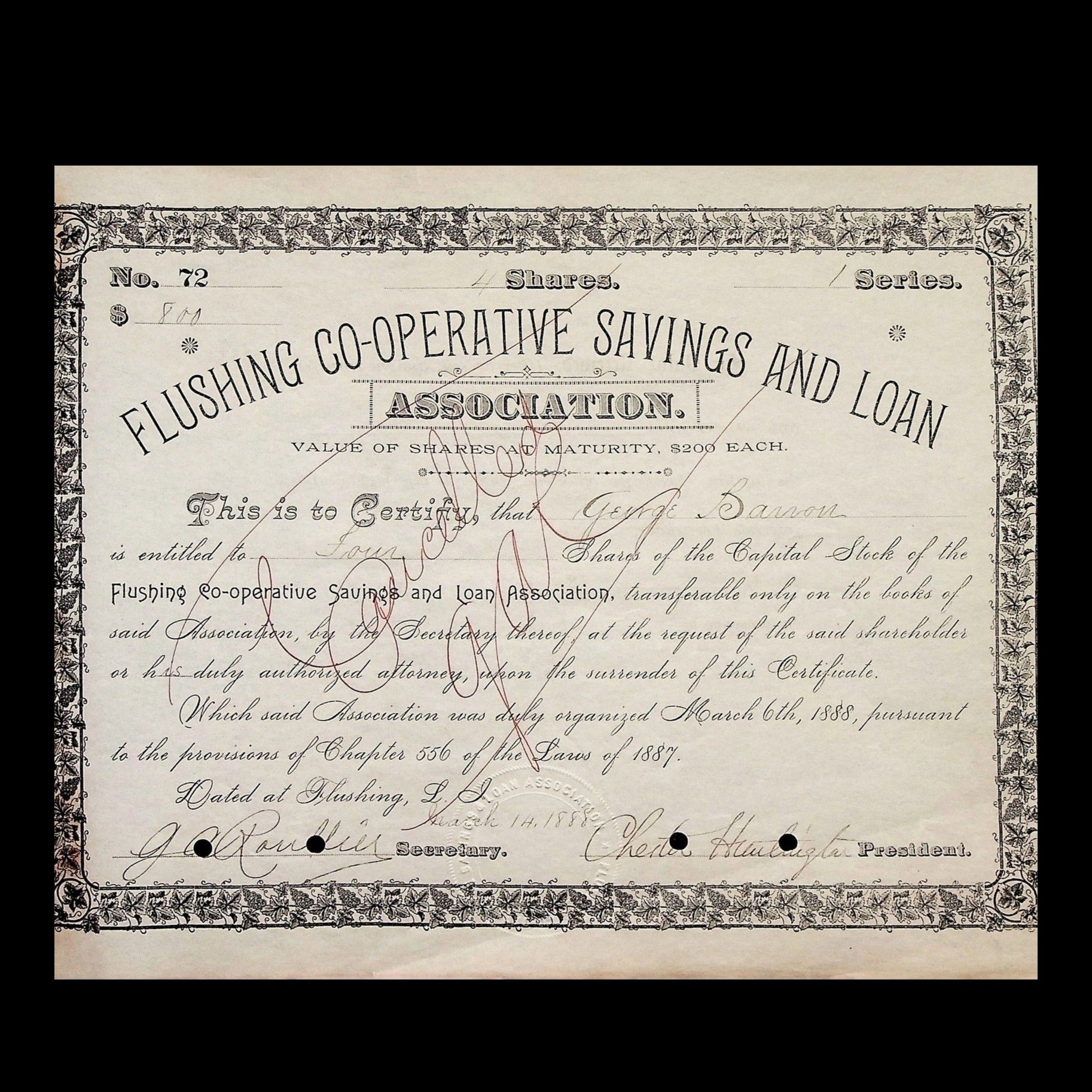 Flushing Co-Operative Savings and Loan Association Stock Certificate from 1888 signed by Chester Huntington