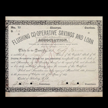 Flushing Co-Operative Savings and Loan Association Stock Certificate from 1888 signed by Chester Huntington