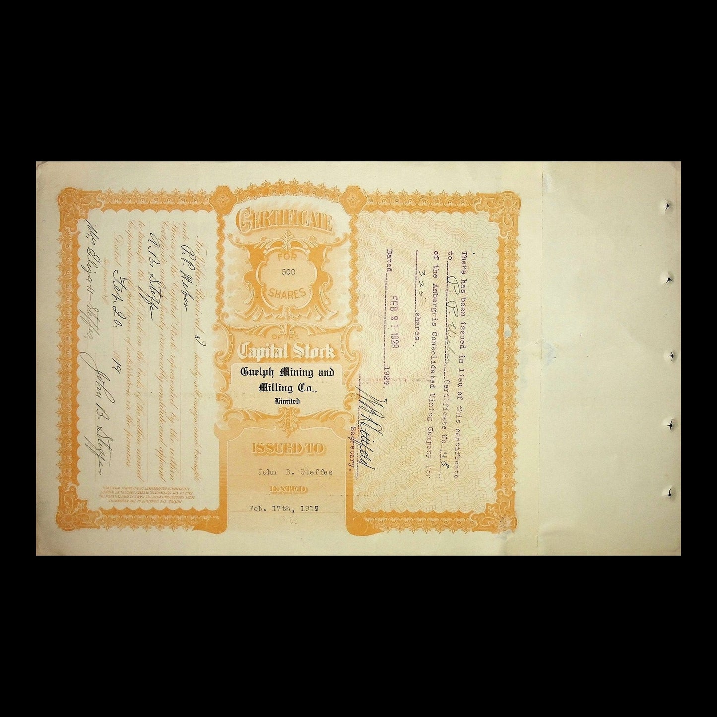 Capital Stock Certificate from 1920