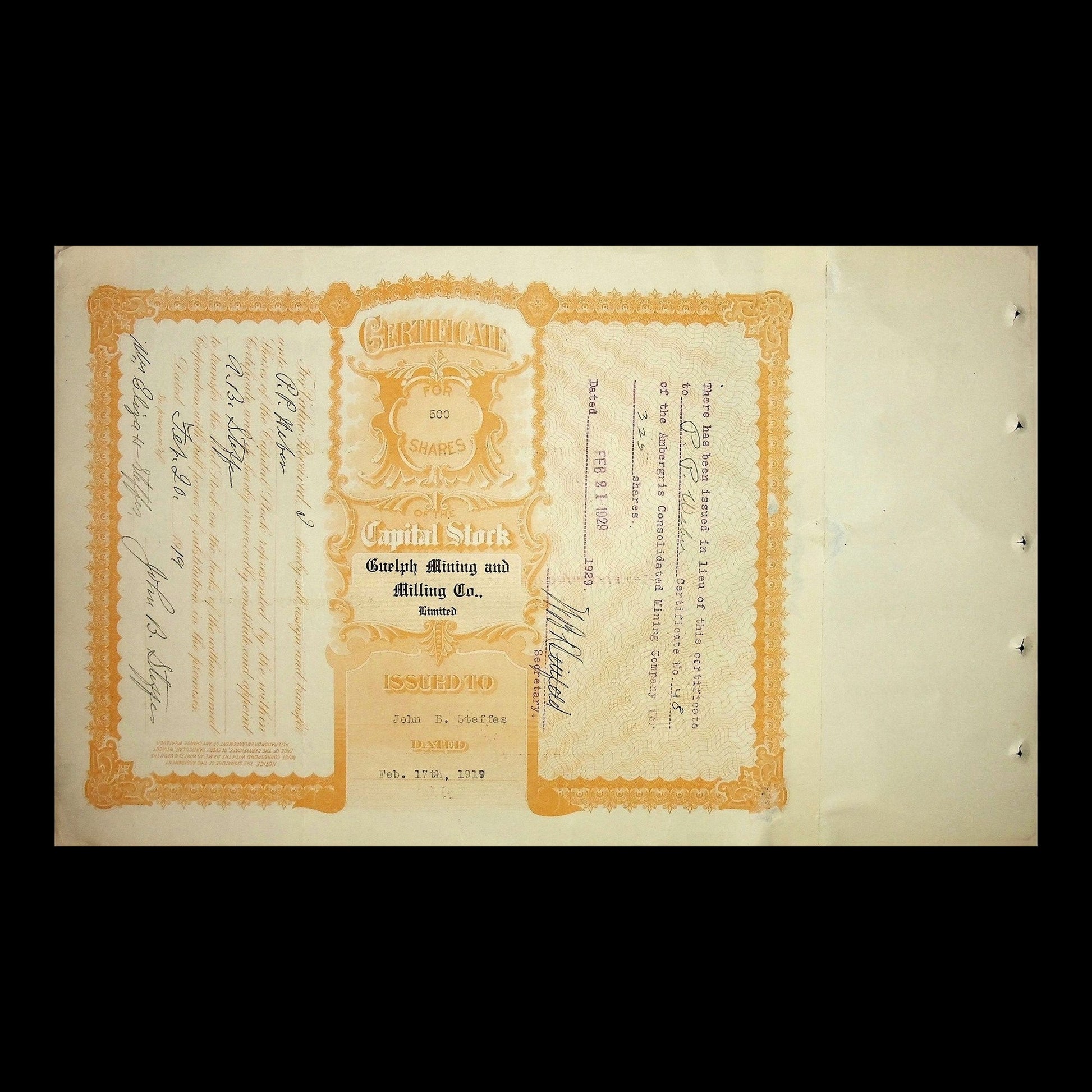 Capital Stock Certificate from 1920