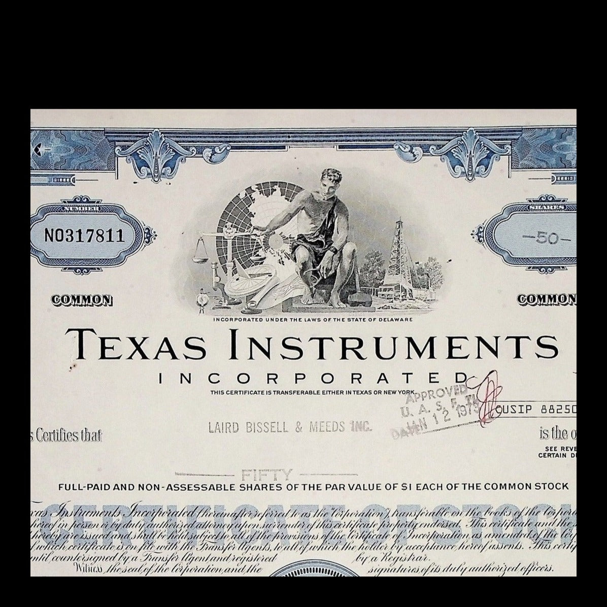 Texas Instruments Incorporated Stock Certificate from 1972