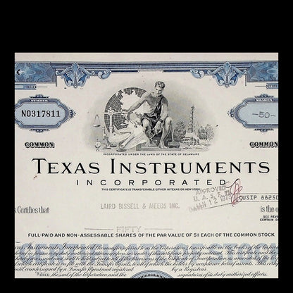 Texas Instruments Incorporated Stock Certificate from 1972