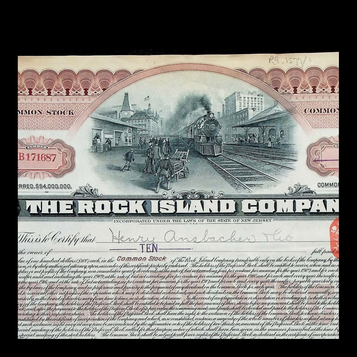 The Rock Island Company Stock Certificate from 1914