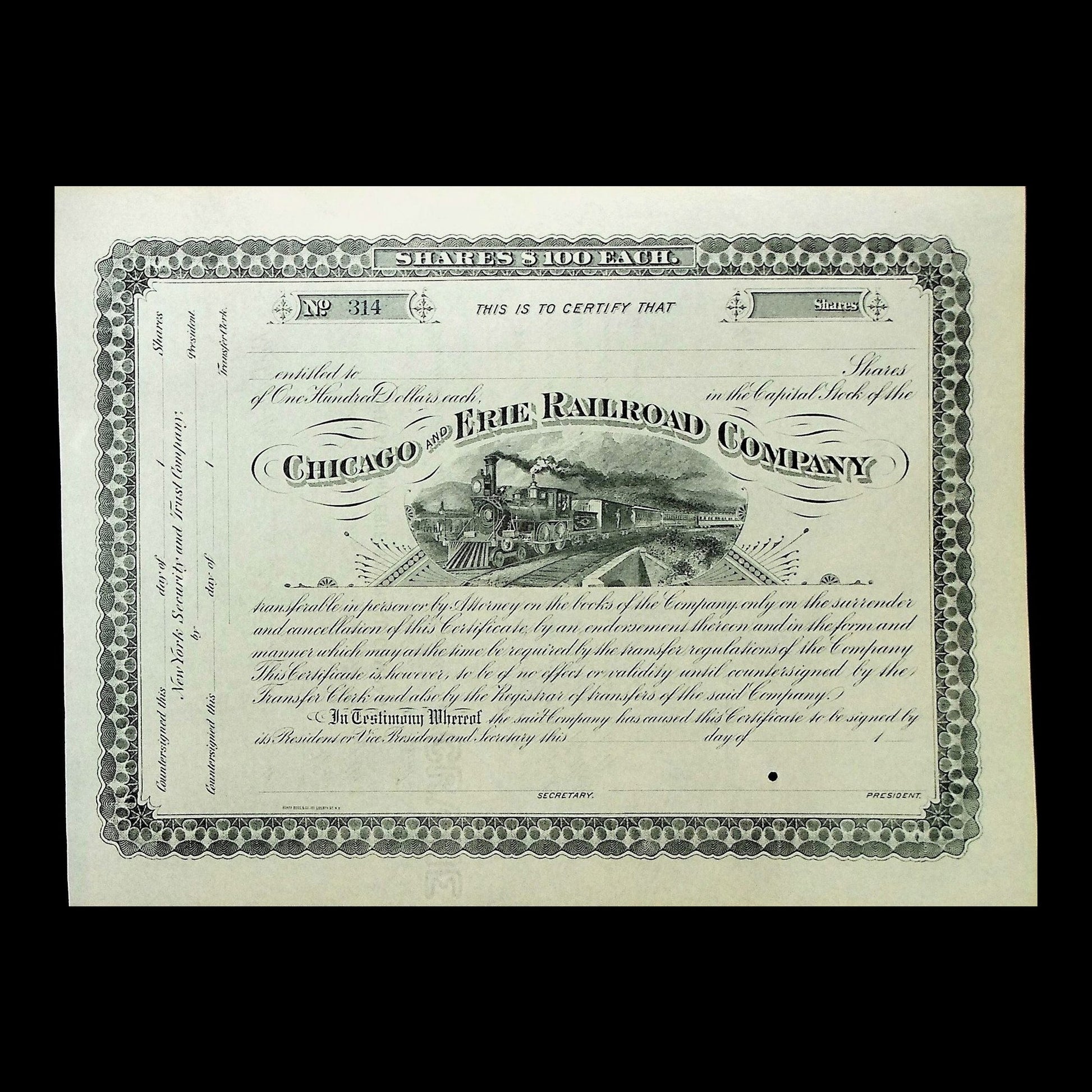 Chicago and Erie Railroad Company Stock Certificate Template