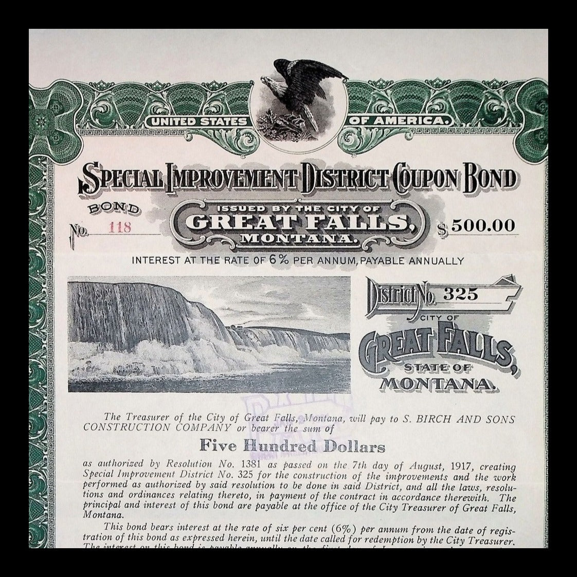 City of Great Falls Municipal Bond from 1917