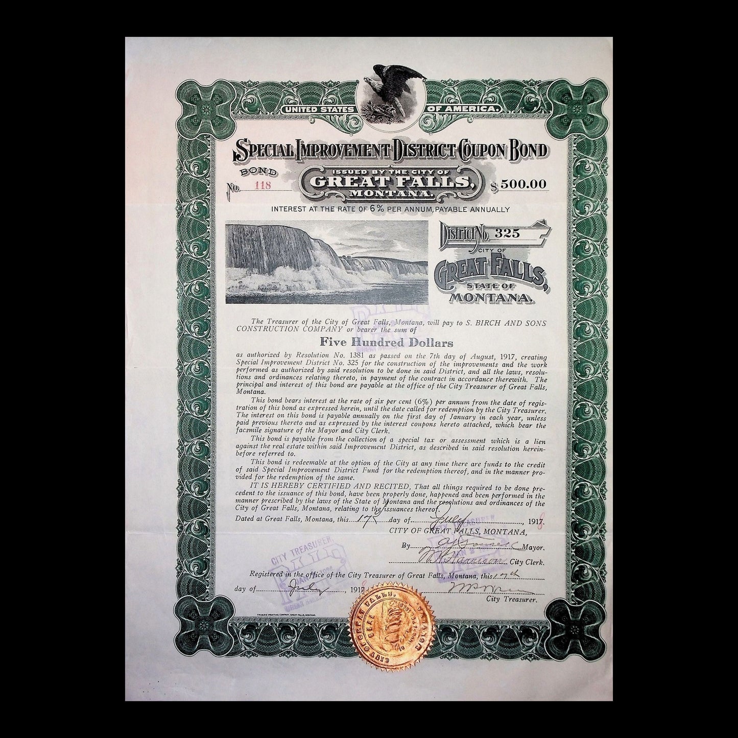 City of Great Falls Municipal Bond from 1917