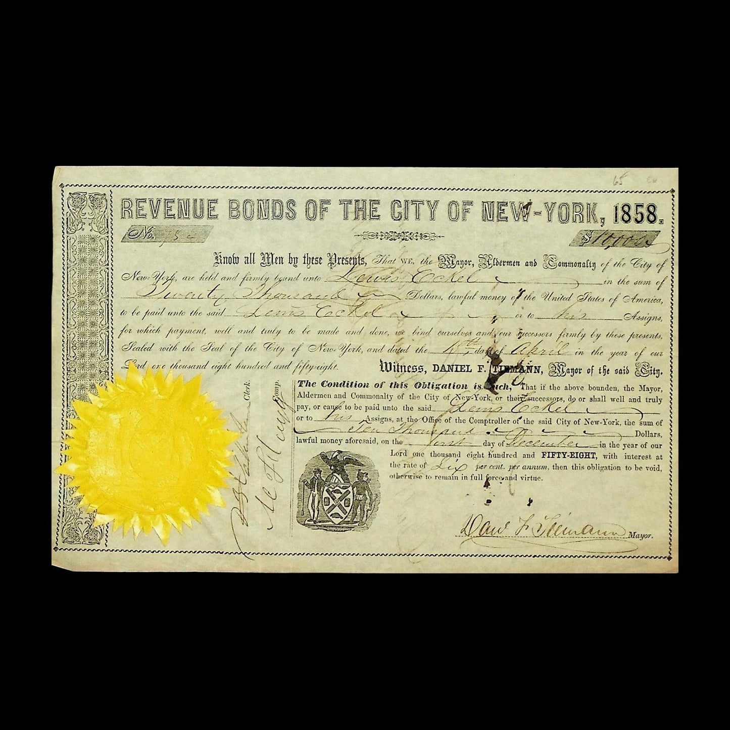 City of New York Revenue Bond from 1858