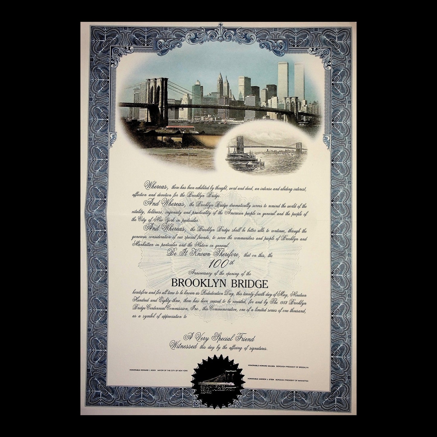 Brooklyn Bridge 100th Anniversary Commemorative Certificate