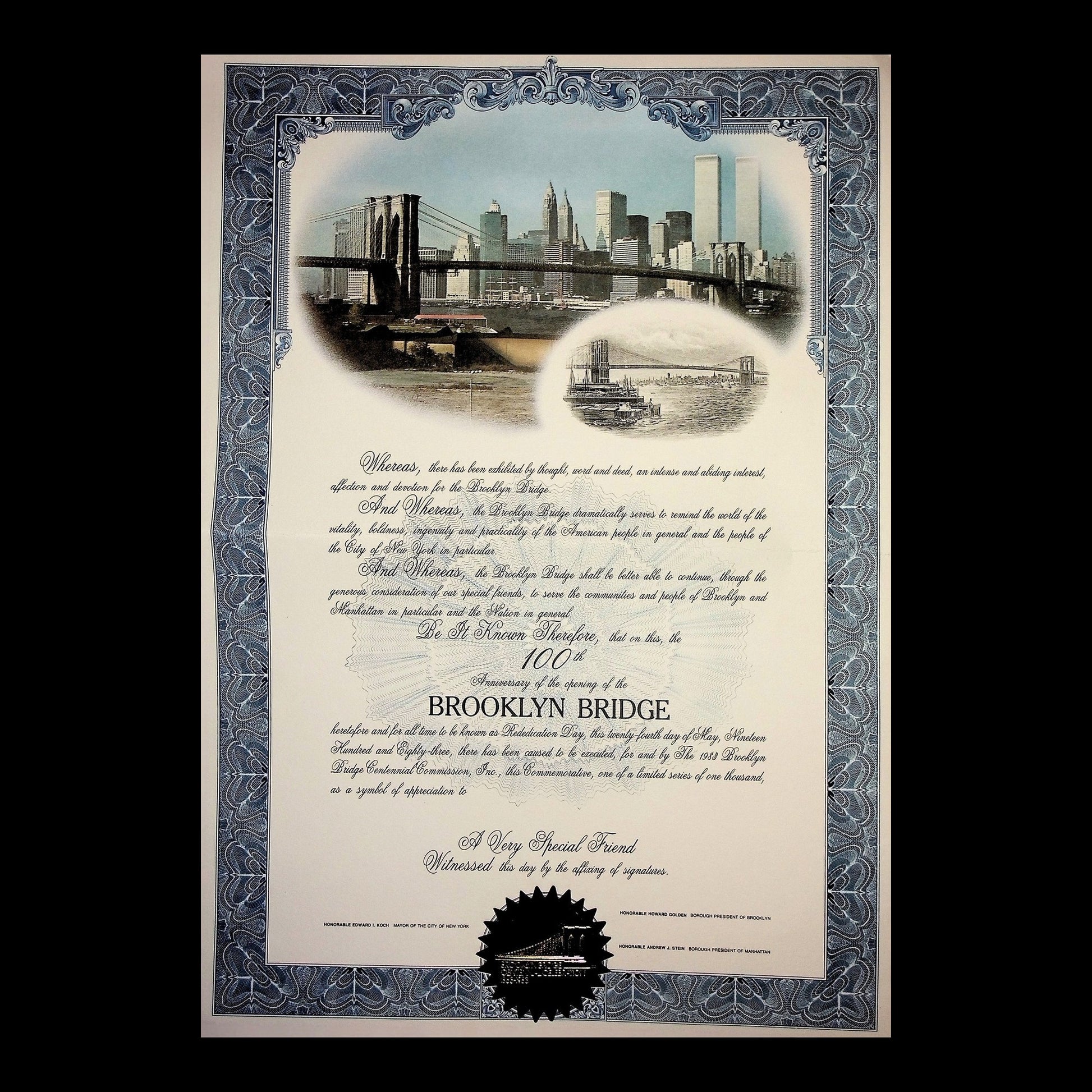 Brooklyn Bridge 100th Anniversary Commemorative Certificate