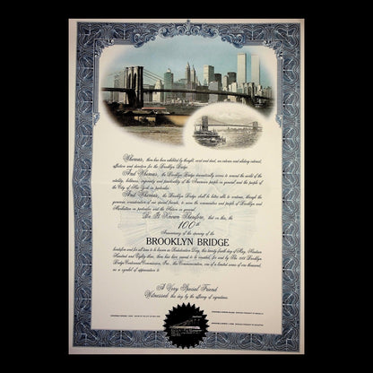 Brooklyn Bridge 100th Anniversary Commemorative Certificate