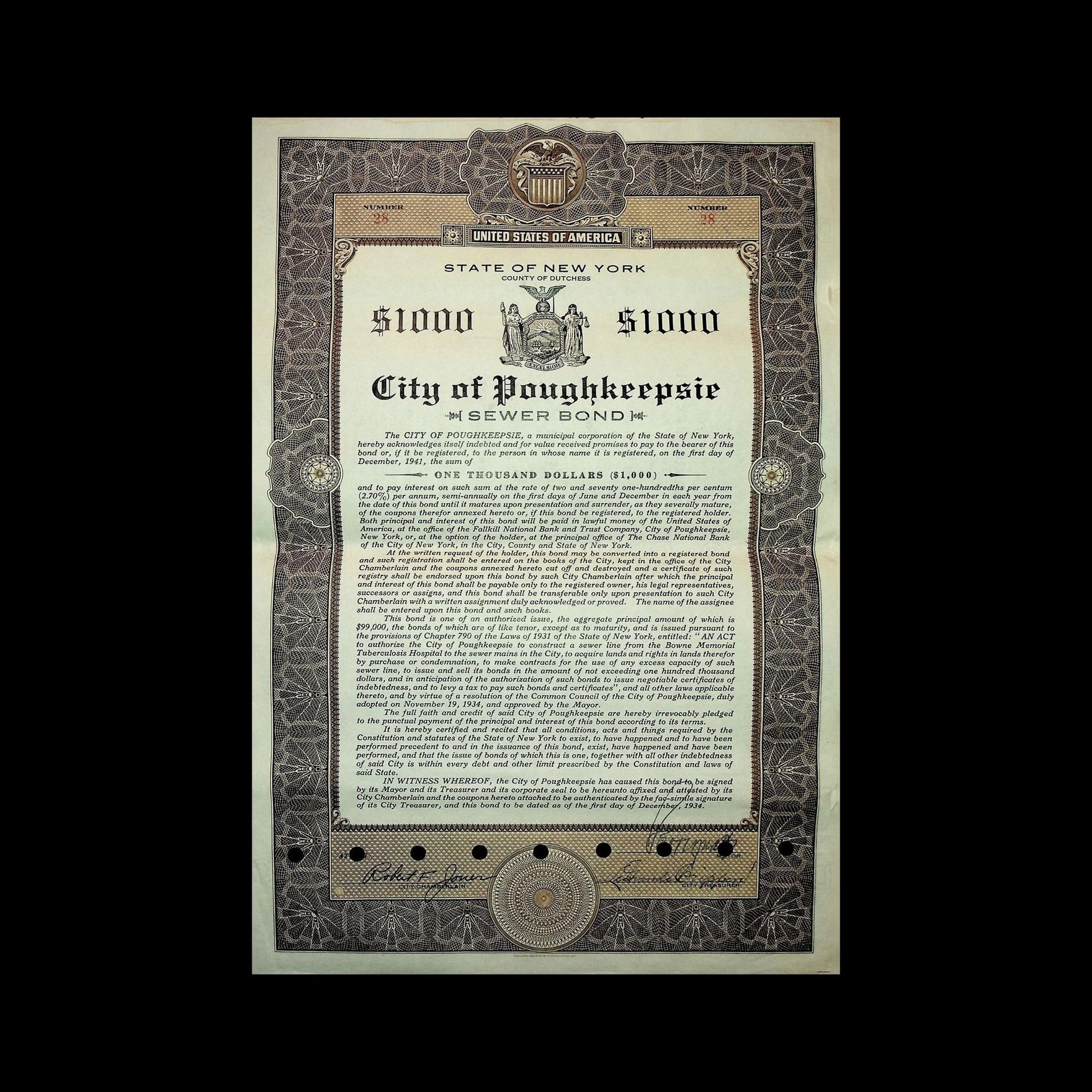 City of Poughkeepsie Bond from 1924